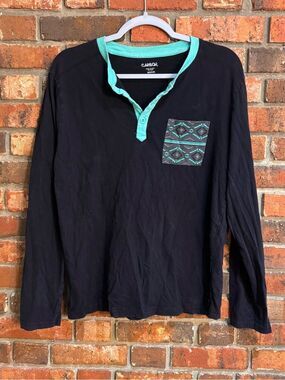 Carbon mens long sleeve aztec contrast pocket Henley top black M